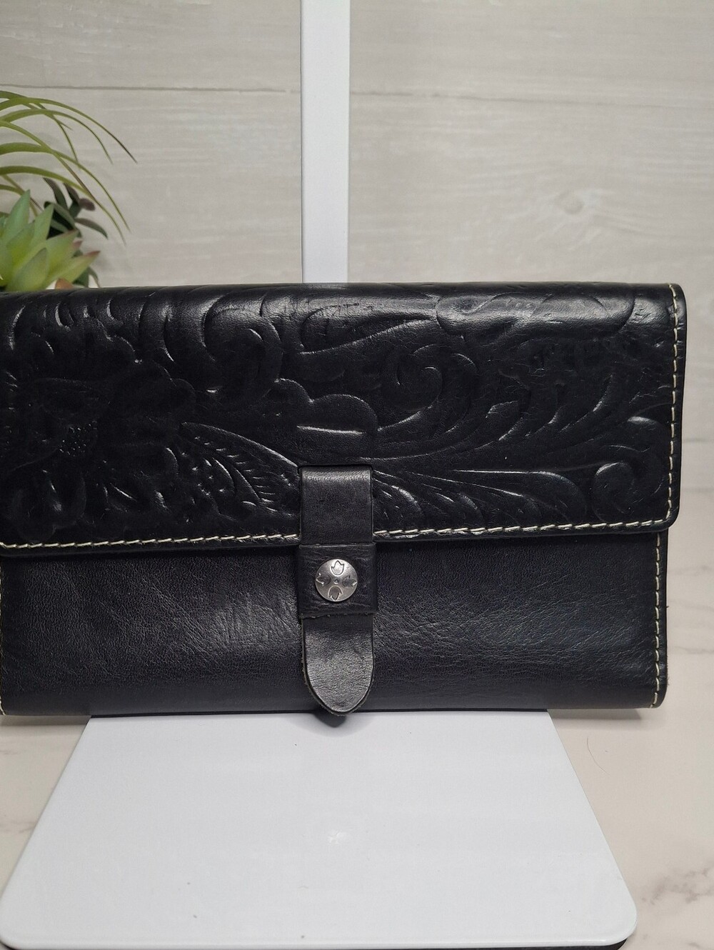 Patricia Nash Black Tooled Floral Italian Leather Continental Wallet